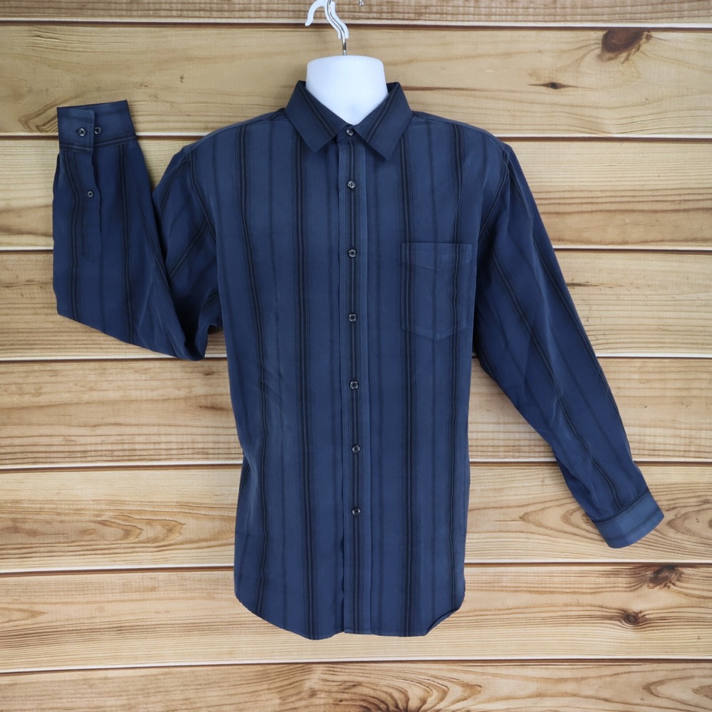 Croft & Barrow Dress Shirt Mens Size L Dark‎ Blue Striped Polyester Point Collar